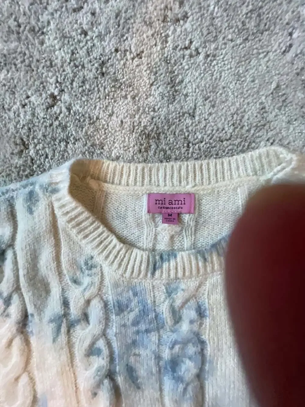 mi ami for francesca's Cream and Blue Floral Cable Knit Sweater